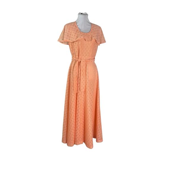 Vintage 1970s Peach Eyelet Flutter Sleeve Maxi Formal Dress M - Picture 2 of 7